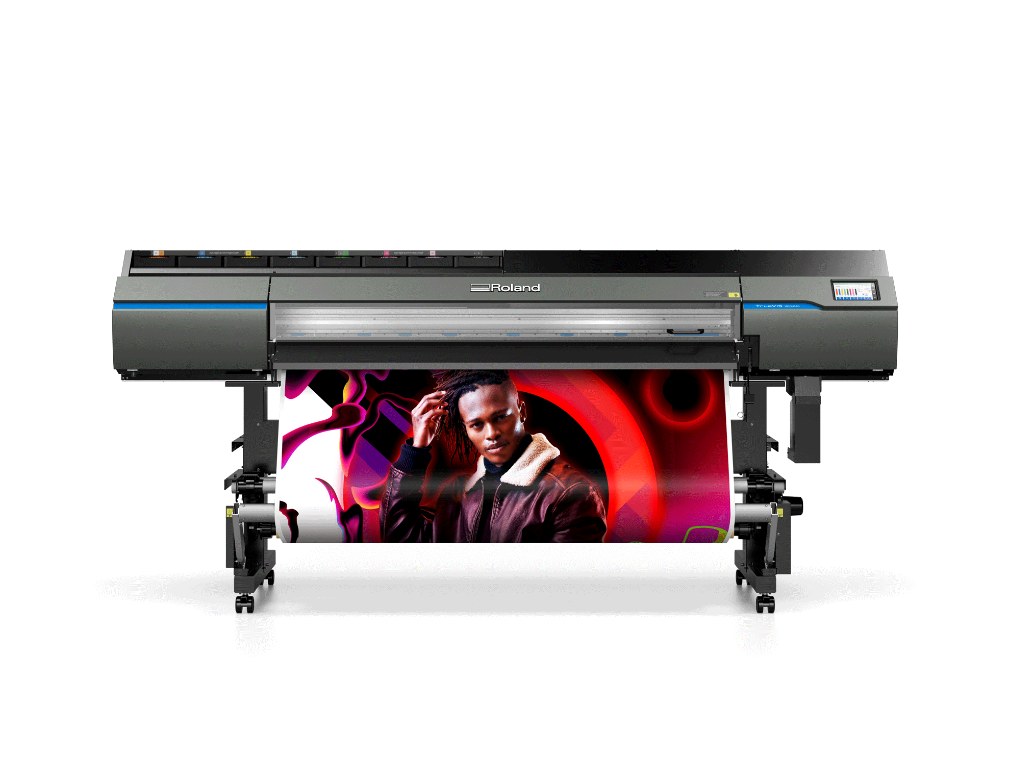 Abbildung des Roland TrueVIS VG3-640 Großformatdruckers. Dieser Drucker kann Großformatdrucke mit Eco-Solvent-Tinte bedrucken.